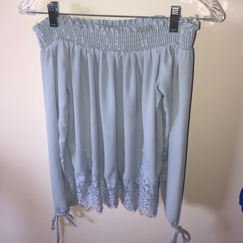 Blue Lace trim bottom off the shoulder top